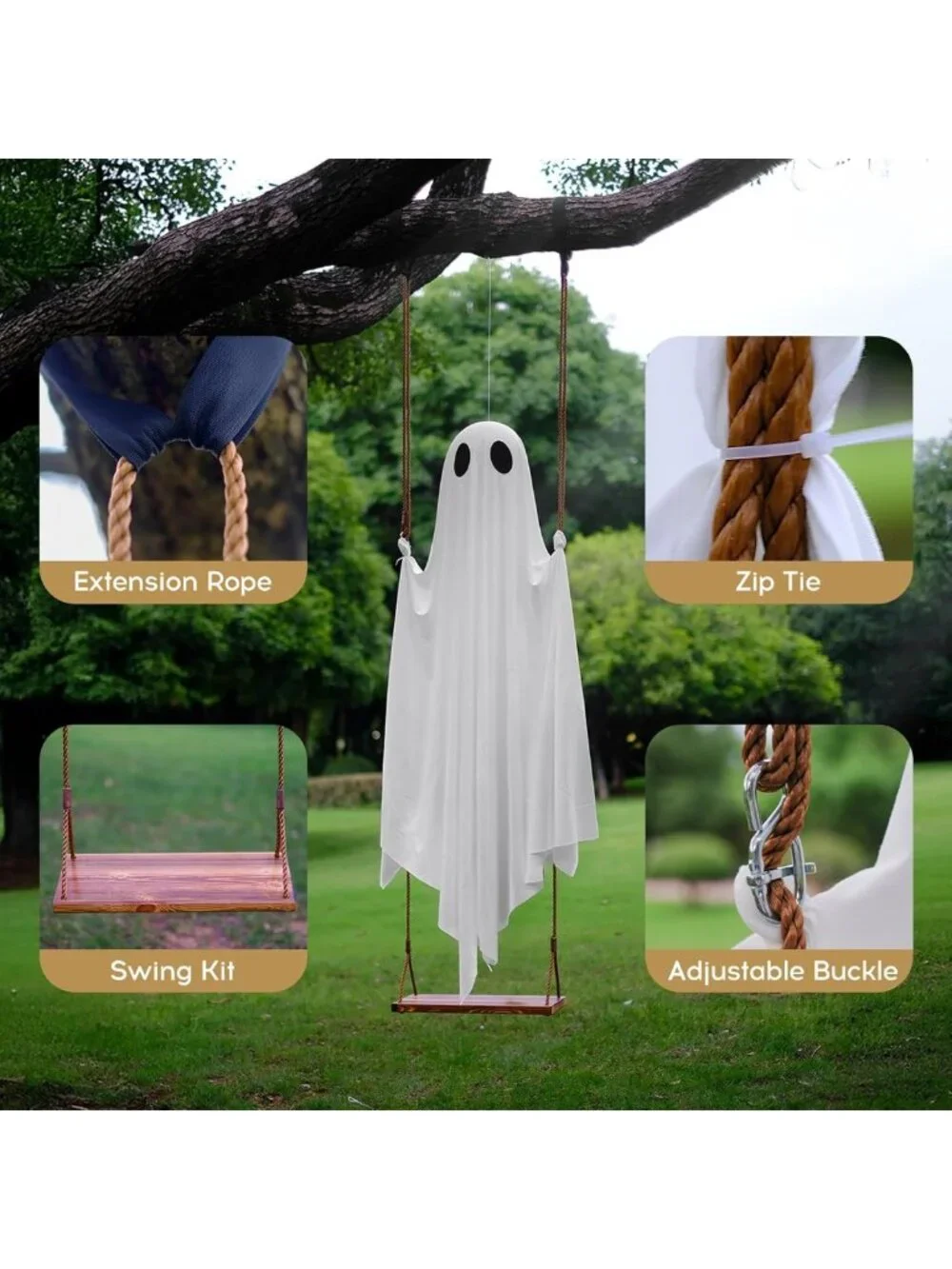 5ft Hanging Ghost Halloween Decoration | Outdoor Swing, Timer Lights, Adjustable